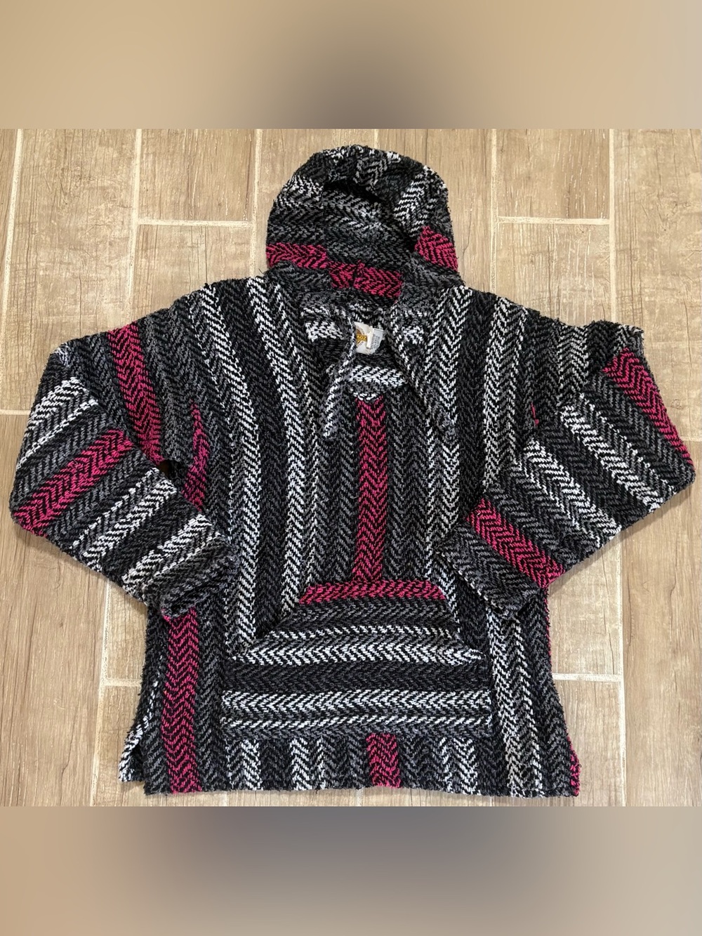 Striped Hooded Baja-Style Sweater in Black, Gray & Pink